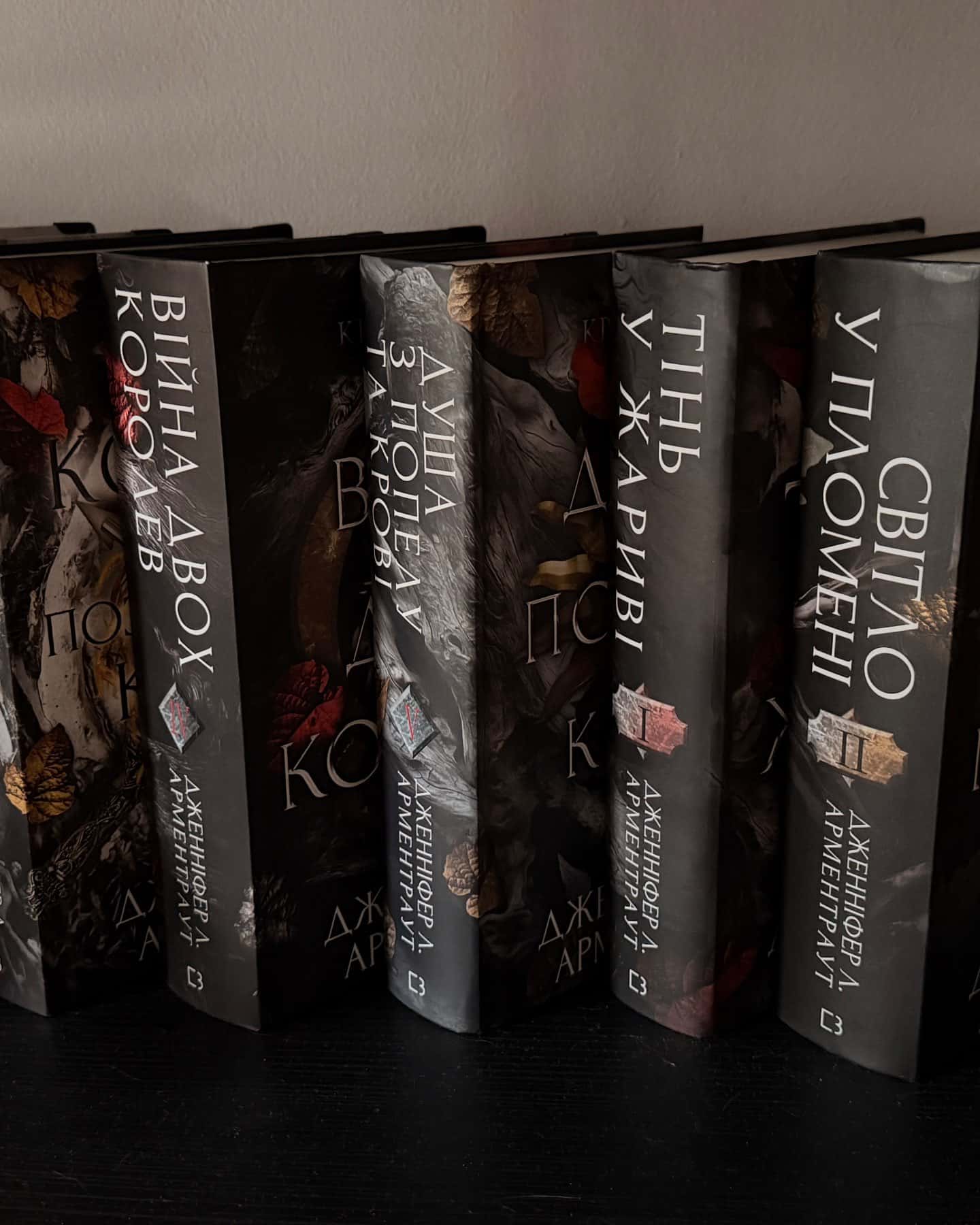 Кров і попіл. Книга 1. Із крові й попелу, Кров і попіл. Книга 2. Королівство плоті й вогню, Кров і попіл. Книга 3. Корона з позолочених кісток, Кров і попіл. Книга 4. Війна двох королев, Кров і попіл. Книга 5. Душа з попелу та крові, Тінь у жариві. Плоть і вогонь. Книга 1, Світло у пломені. Плоть і вогонь. Книга 2, Плоть і вогонь. Книга 3. Вогонь у плоті — Дженніфер Л. Арментраут